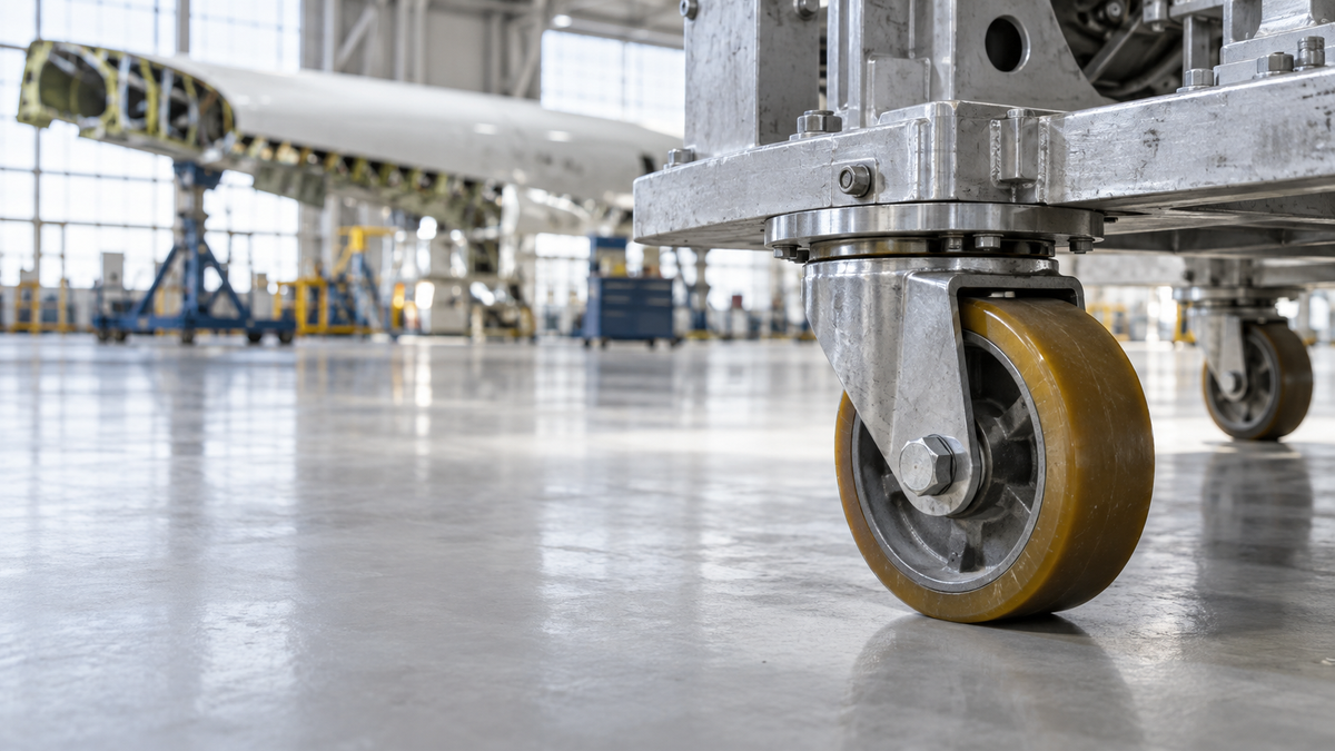 A heavy-duty caster under an aircraft tooling cart in a clean aerospace hangar
