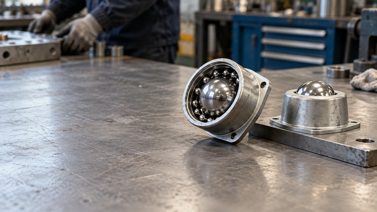 A ball transfer caster upside down on a bench showing the large ball riding on smaller support balls