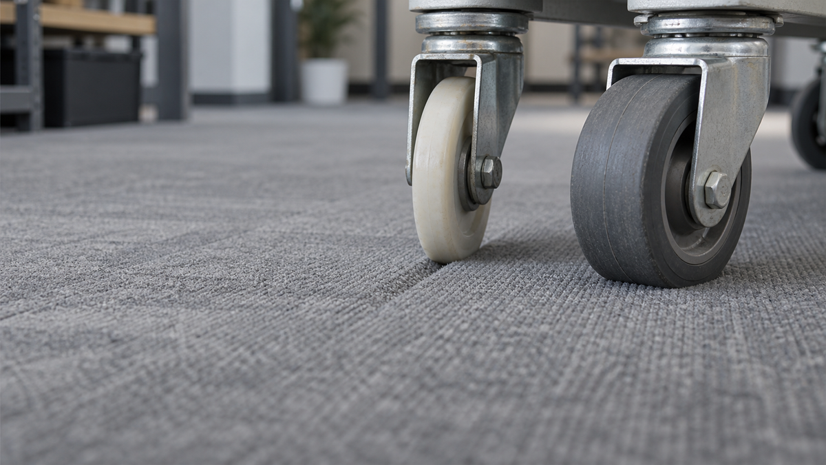 A hard narrow-tread caster and a soft wide-tread caster side by side pressed into low-pile commercial carpet