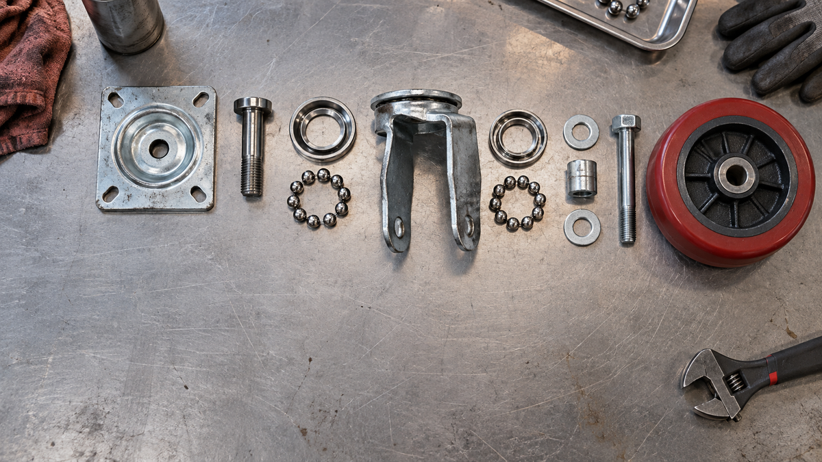 A fully disassembled caster with every component laid out in order on a clean bench: wheel, axle, fork, raceway, kingpin, top plate