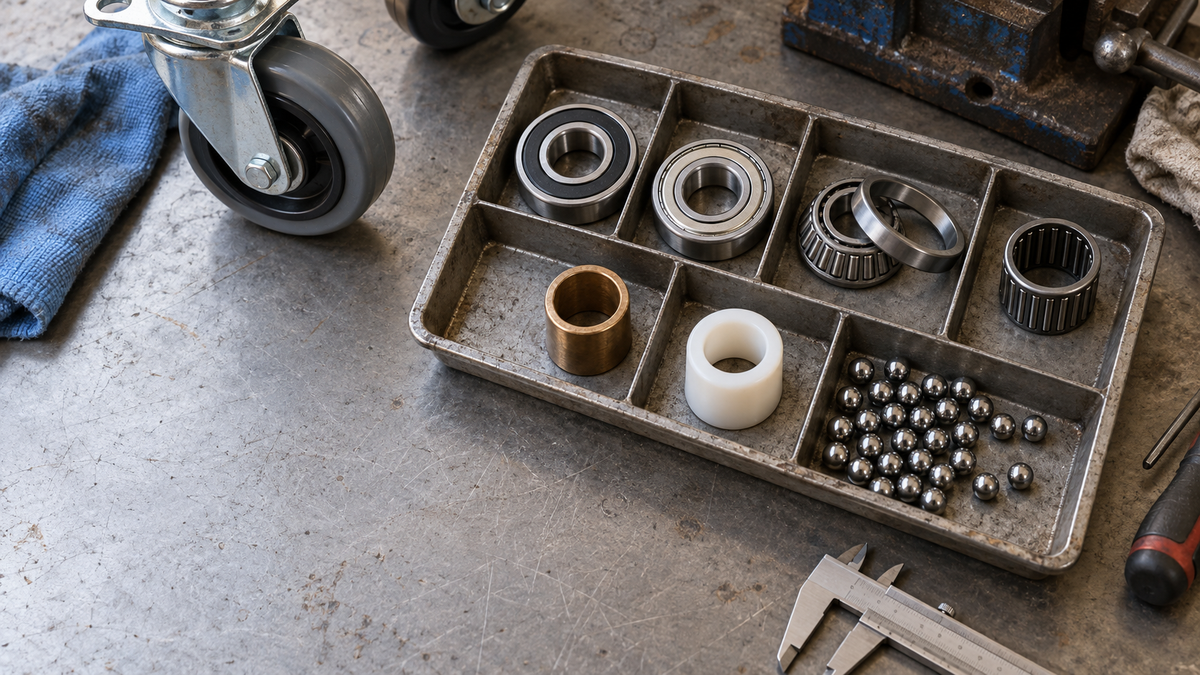 A tray of assorted caster bearings sorted into compartments on a parts bench