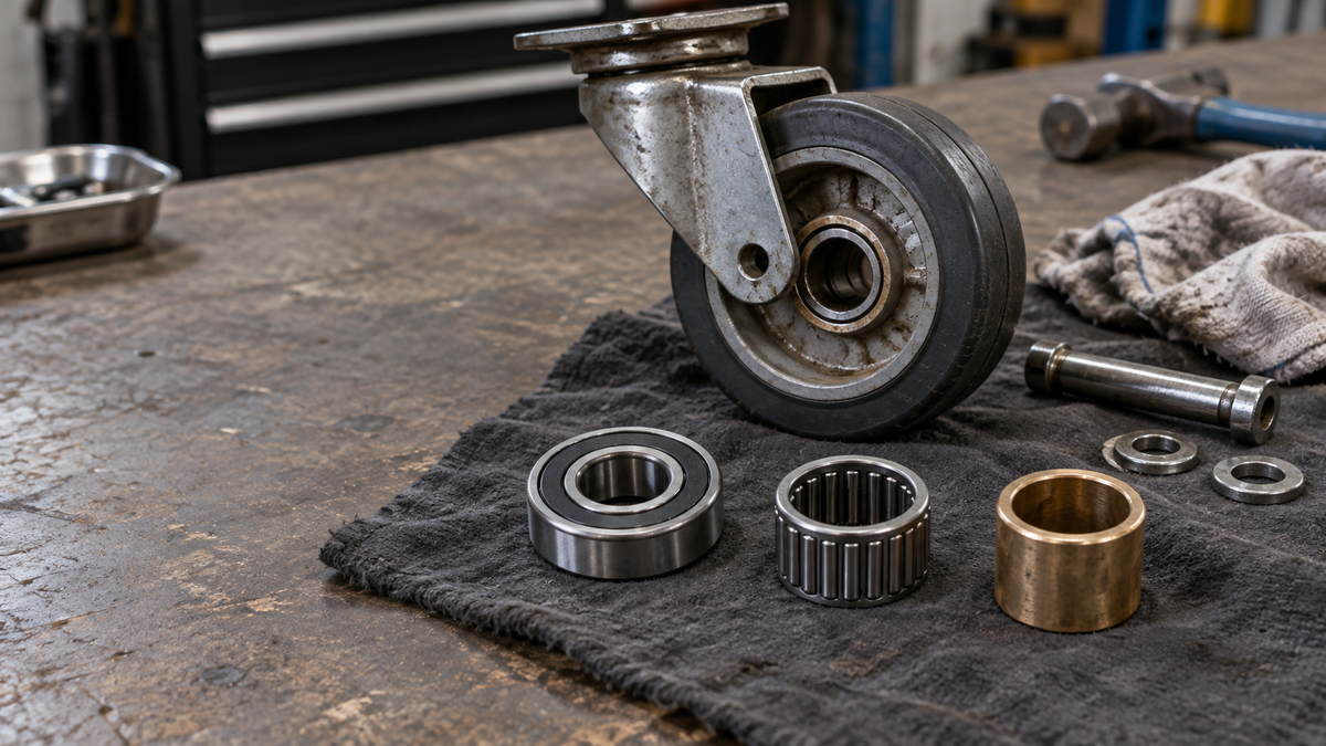 Three caster wheel bearing types laid out on a clean shop cloth: precision ball, roller, and plain bore