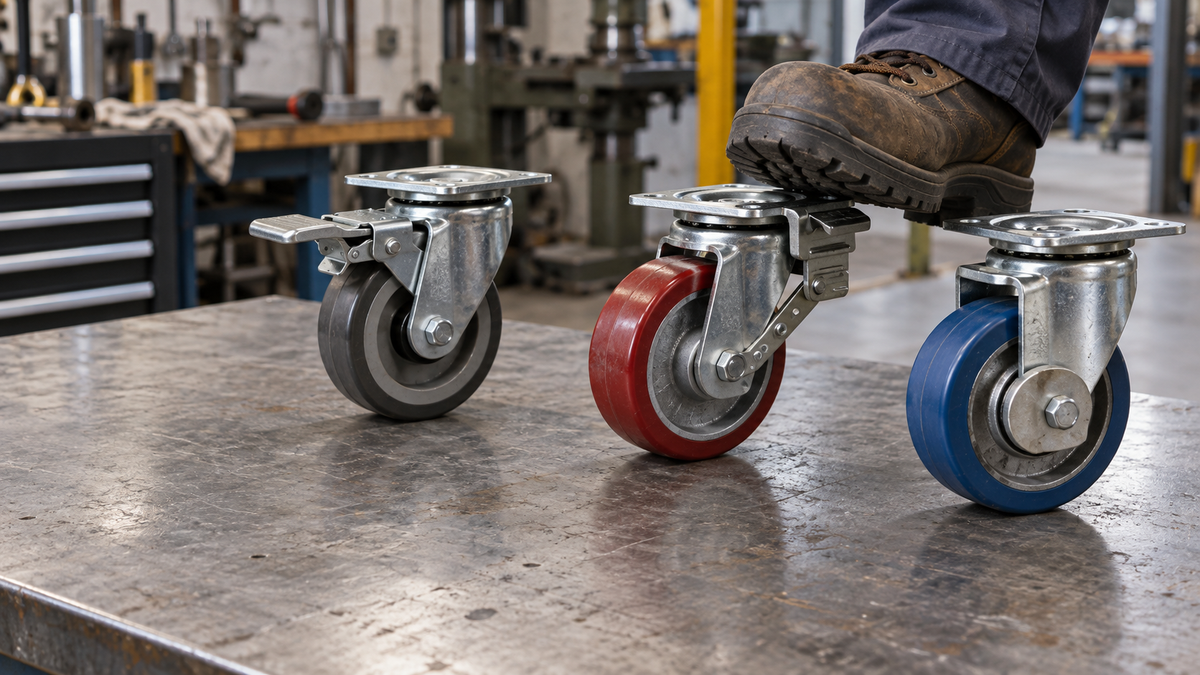 Three braked casters showing different brake mechanisms: side-lock, total-lock, and tread-lock