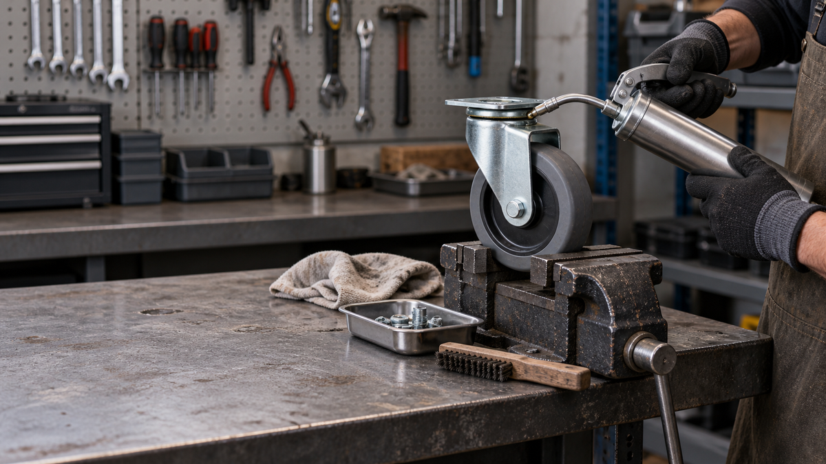 A caster maintenance station with cleaning tools, grease gun and a caster in a vise