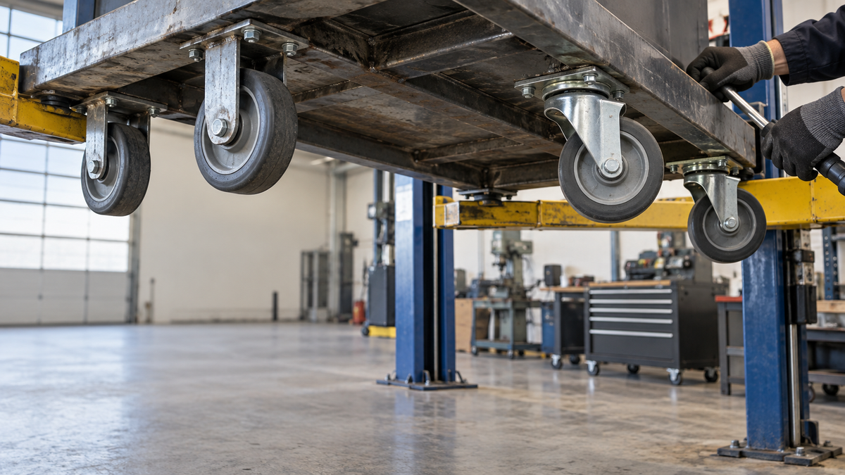 The underside of a cart on a lift showing a two-rigid two-swivel caster layout