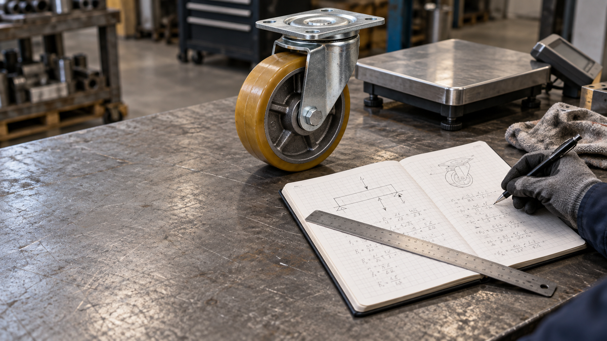 An engineer's notebook of load calculations open beside a swivel caster and a digital scale on a steel workbench