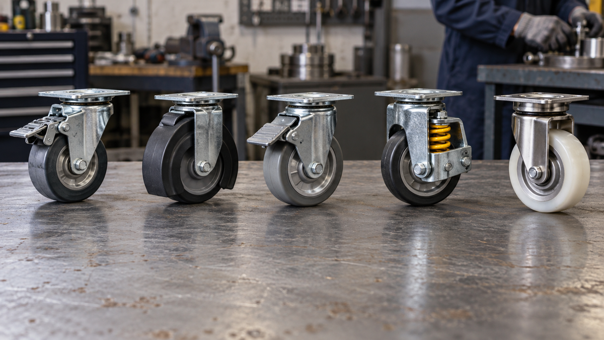 Five specialty casters with distinct features arranged on a steel bench