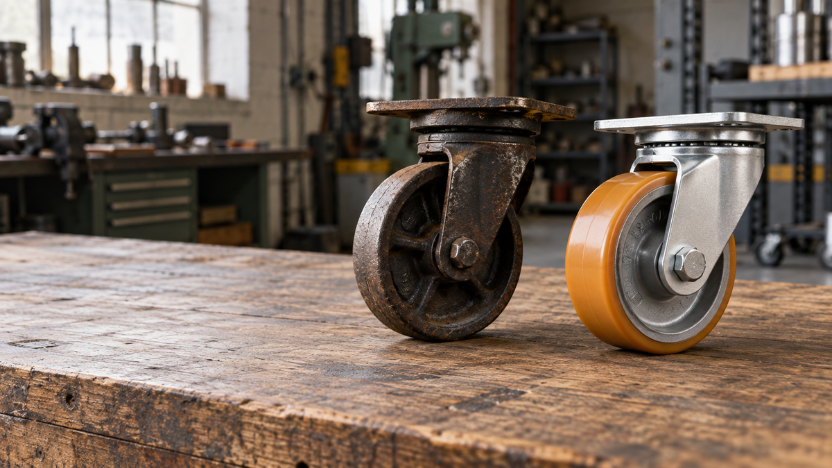 An antique cast iron caster beside a modern kingpinless caster on aged wood, showing a century of design change