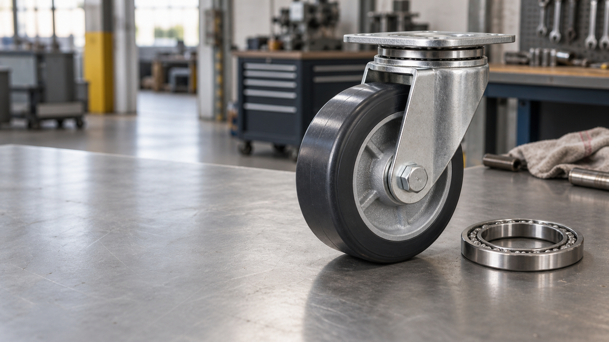 A modern sealed kingpinless caster on a clean bench beside a machined raceway component