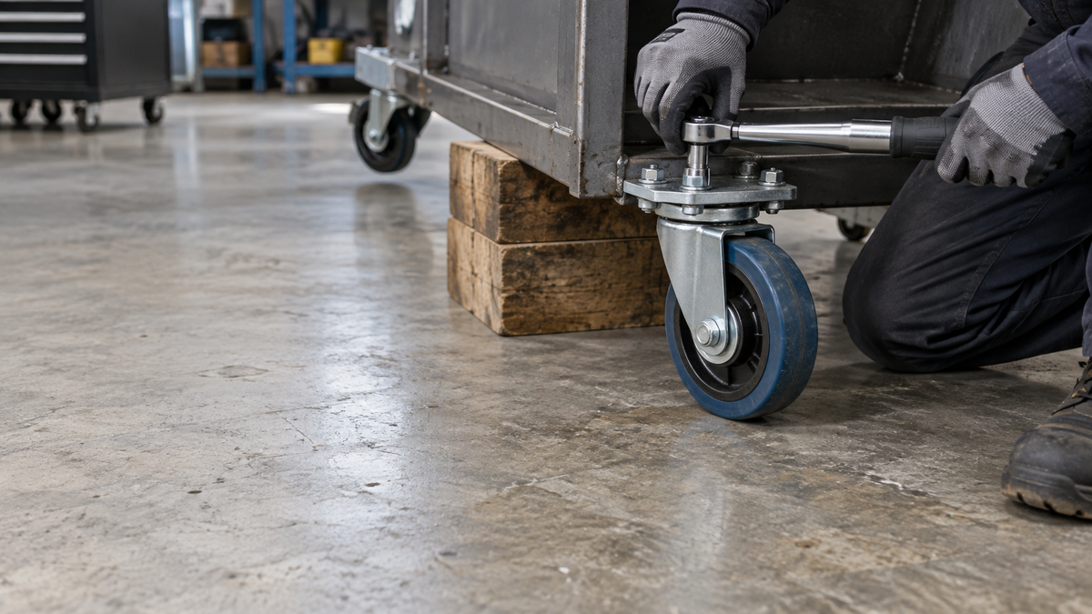 Gloved hands torquing a caster top plate bolt with a torque wrench under a tilted cart