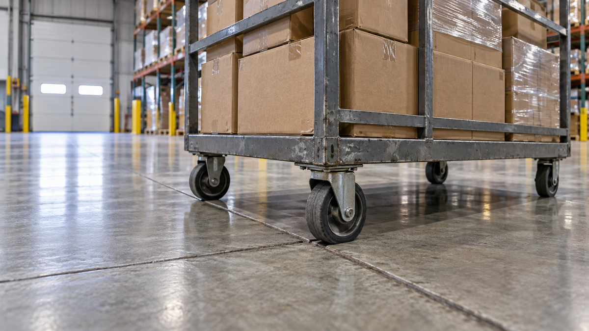 Heavily loaded four caster industrial cart on a warehouse floor with one wheel visibly compressed against a floor joint