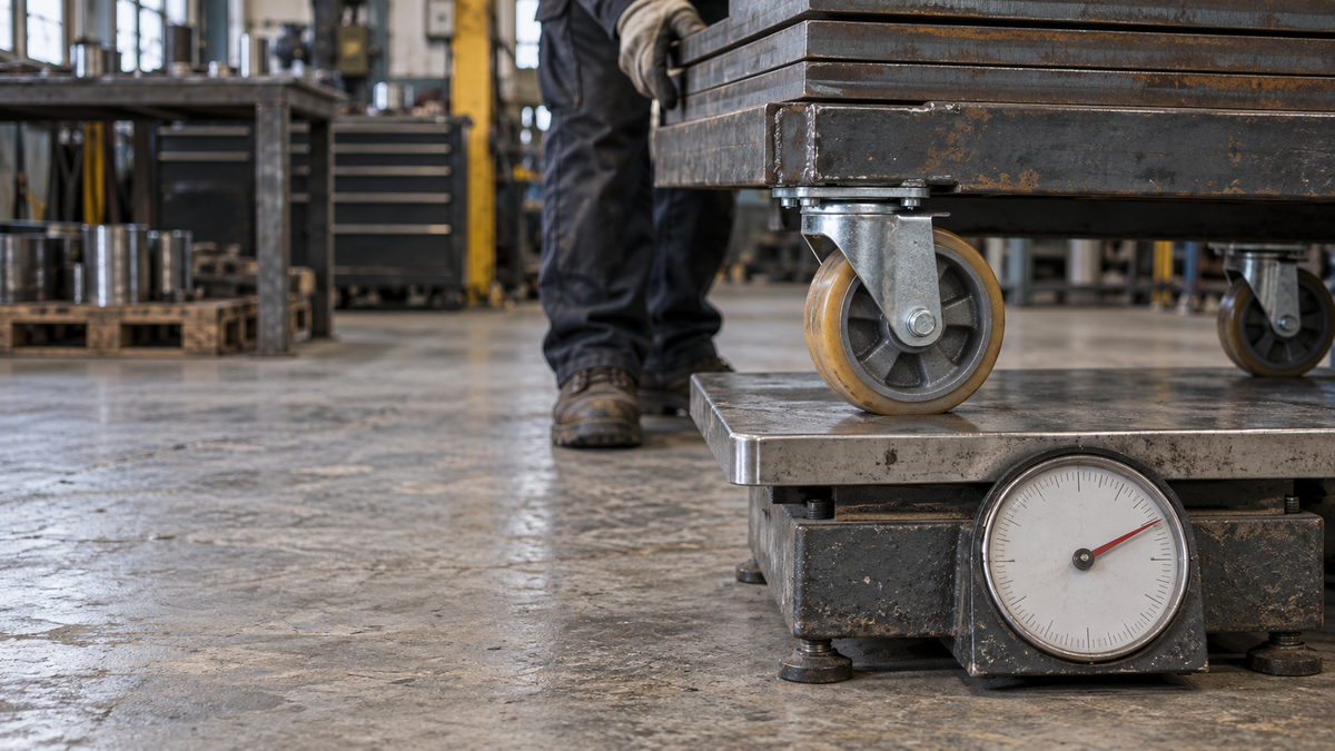 A single caster under a stacked steel load on a platform scale, the dial showing the weight it carries