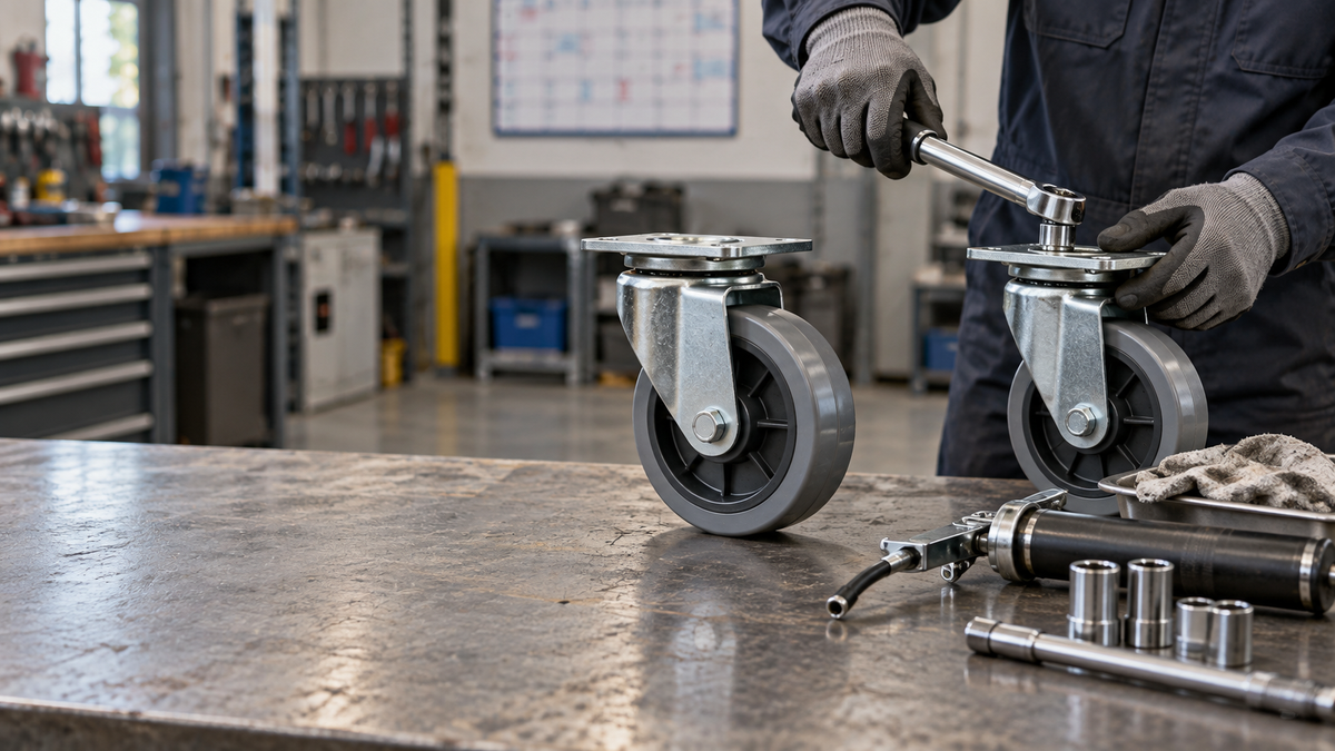 A scheduled maintenance bench with casters, grease, tools and a wall calendar out of focus