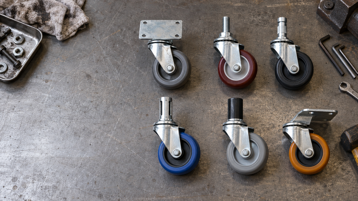 Seven caster mounting styles arranged in a grid on a steel bench: top plate, threaded stem, grip ring, grip neck, expanding adapter, socket, and plate with offset