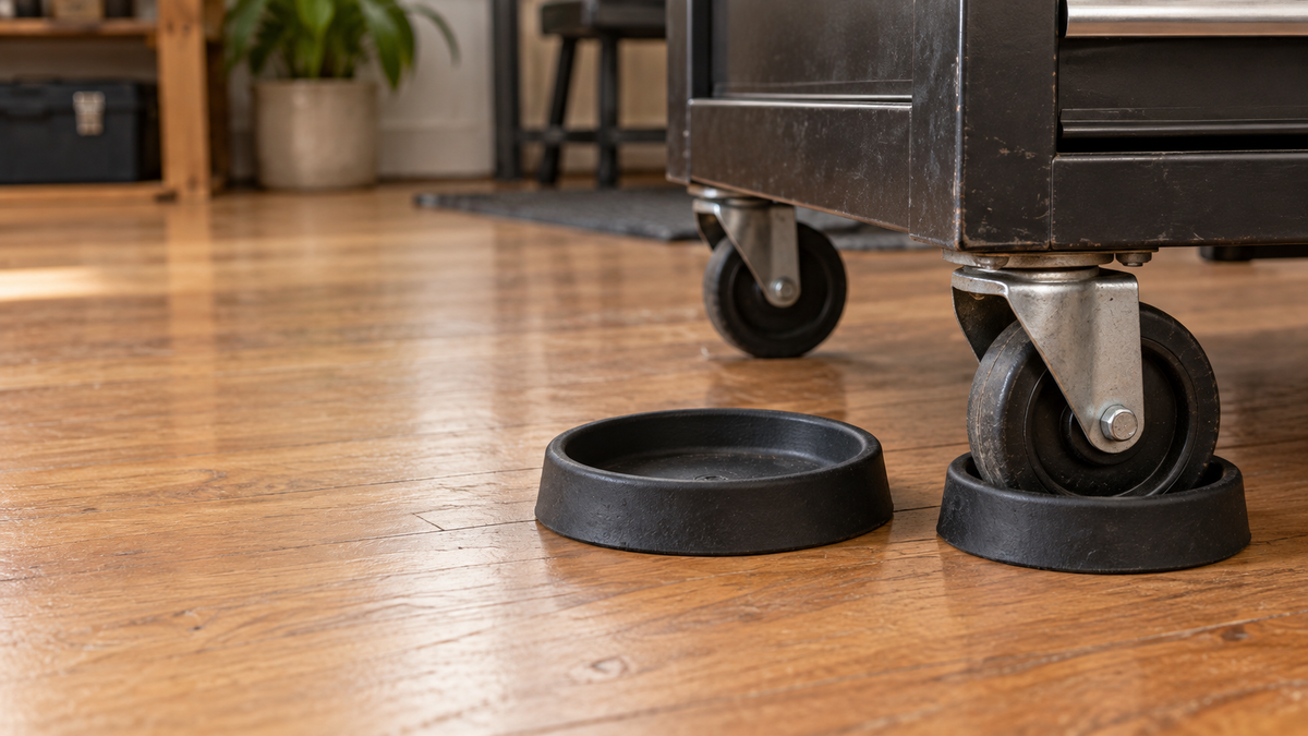Rubber caster cup pads under the wheels of a rolling cabinet on a hardwood floor
