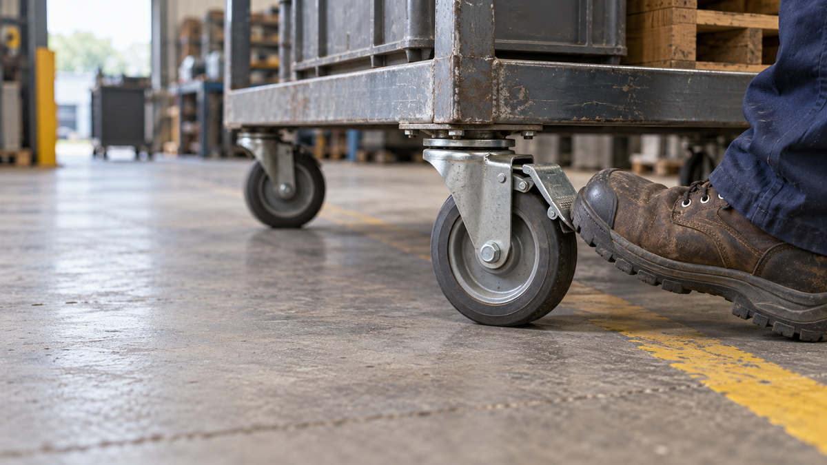 A worker's boot on a total-lock caster pedal, securing a loaded cart on a slight slope