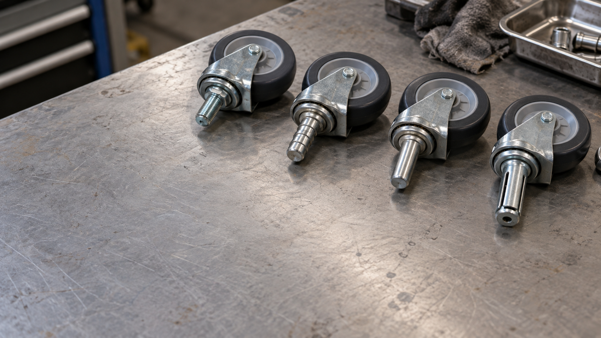 Four caster stem types laid in a row: threaded, grip ring, grip neck and expanding adapter