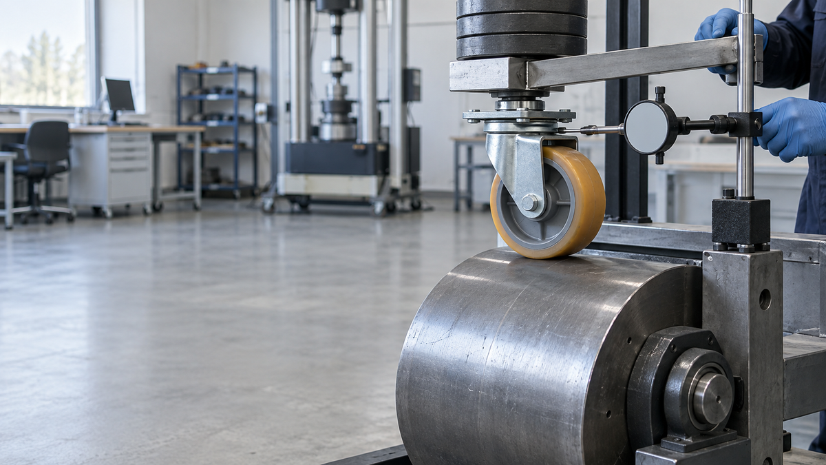 A caster running on a laboratory roll-test drum with a dial indicator against the fork
