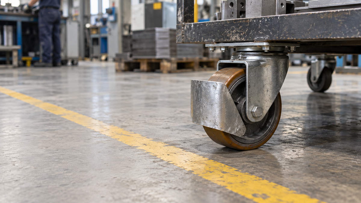 A caster fitted with a steel toe guard over the wheel on a plant floor