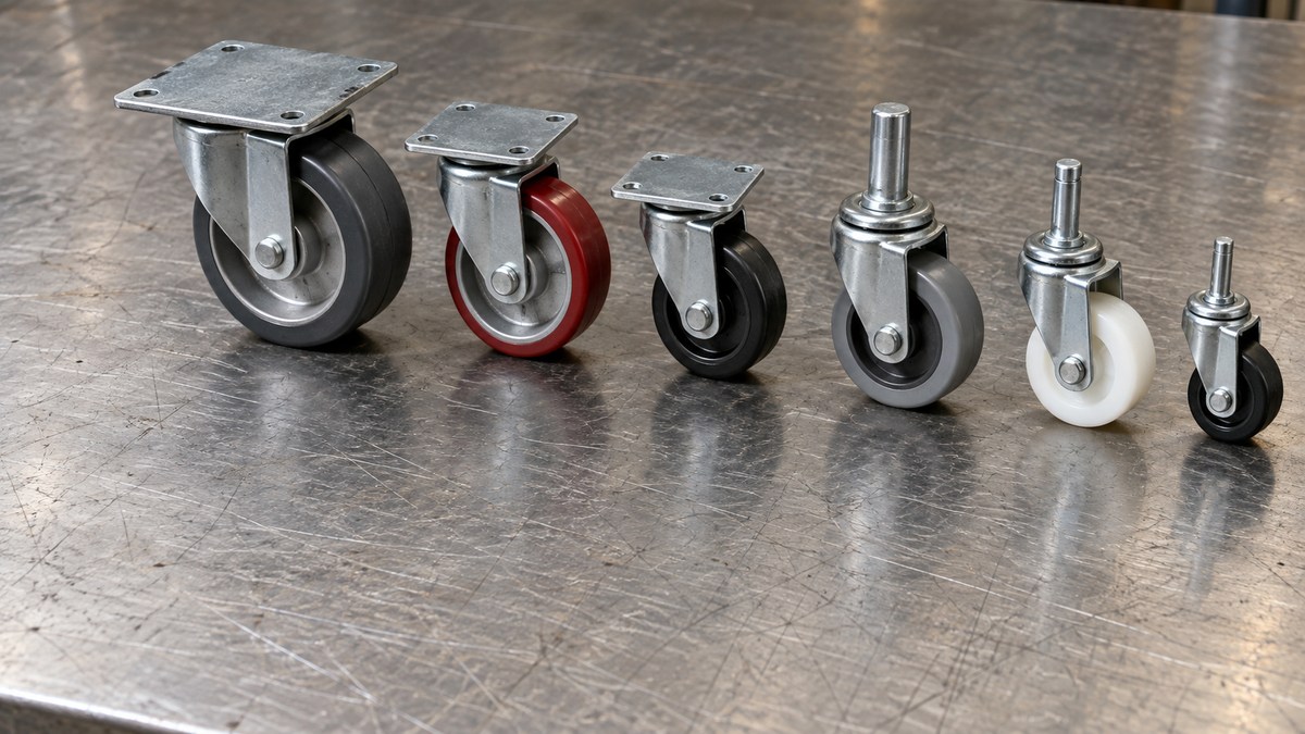 Casters of different plate sizes and stem diameters laid out showing they do not interchange