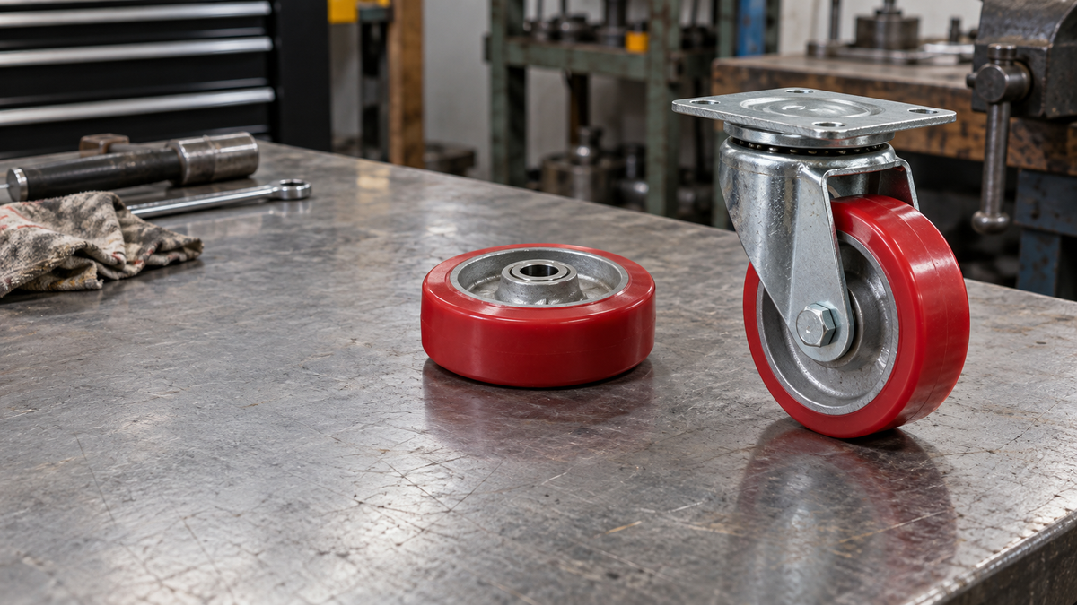 A bare polyurethane wheel beside a complete swivel caster assembly on a workbench, showing the difference between the two