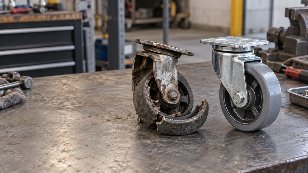 A failed low-cost caster beside an intact heavy-duty caster on a maintenance bench