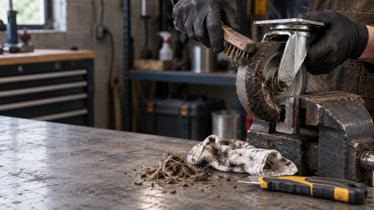 A dirty caster being cleaned on a bench, with debris cut from the axle and a wire brush alongside