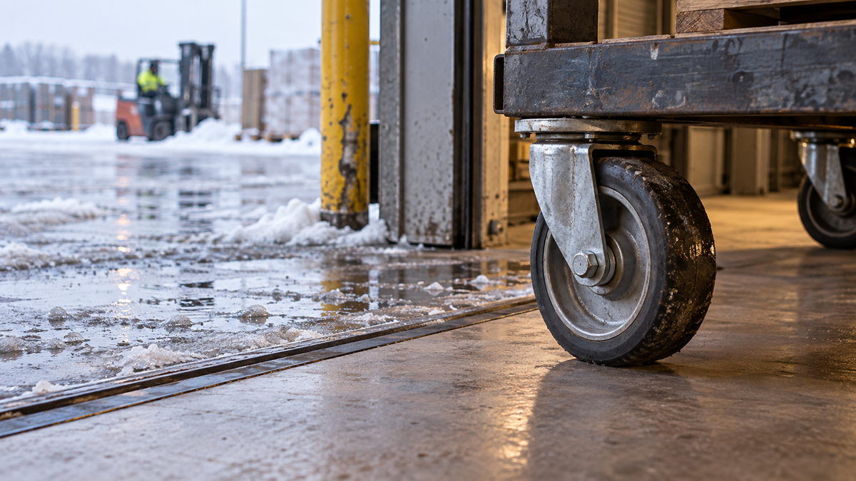 A caster at a loading dock threshold where warm interior floor meets frost-covered outdoor concrete