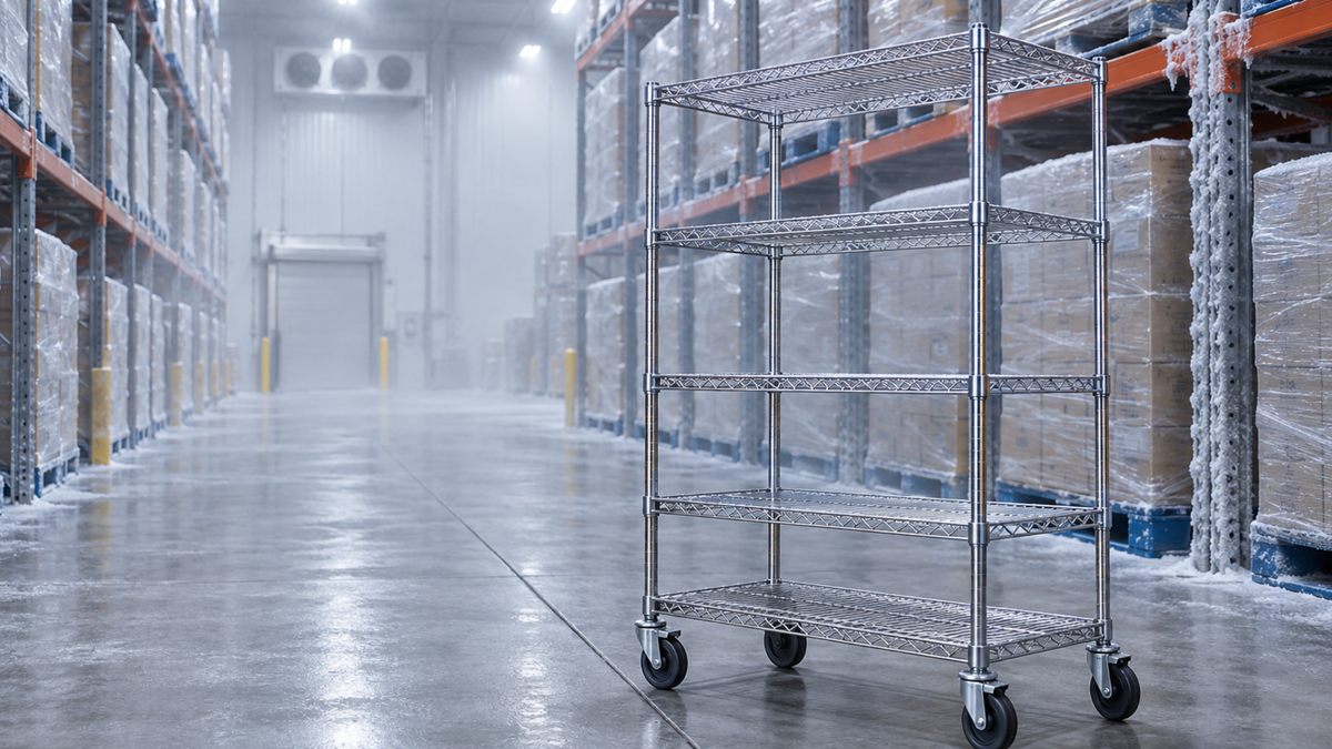 Stainless mobile shelving on cold storage casters standing in a frosted refrigerated warehouse aisle