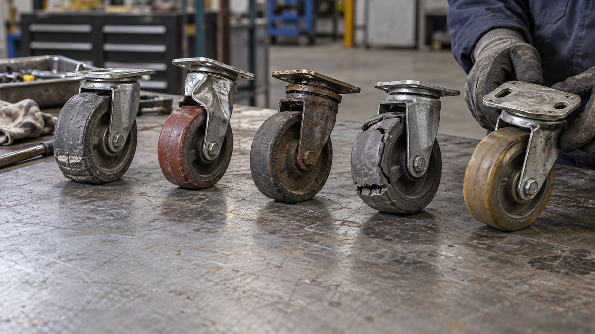 Several worn and failed casters lined up on a maintenance bench, each showing a different failure