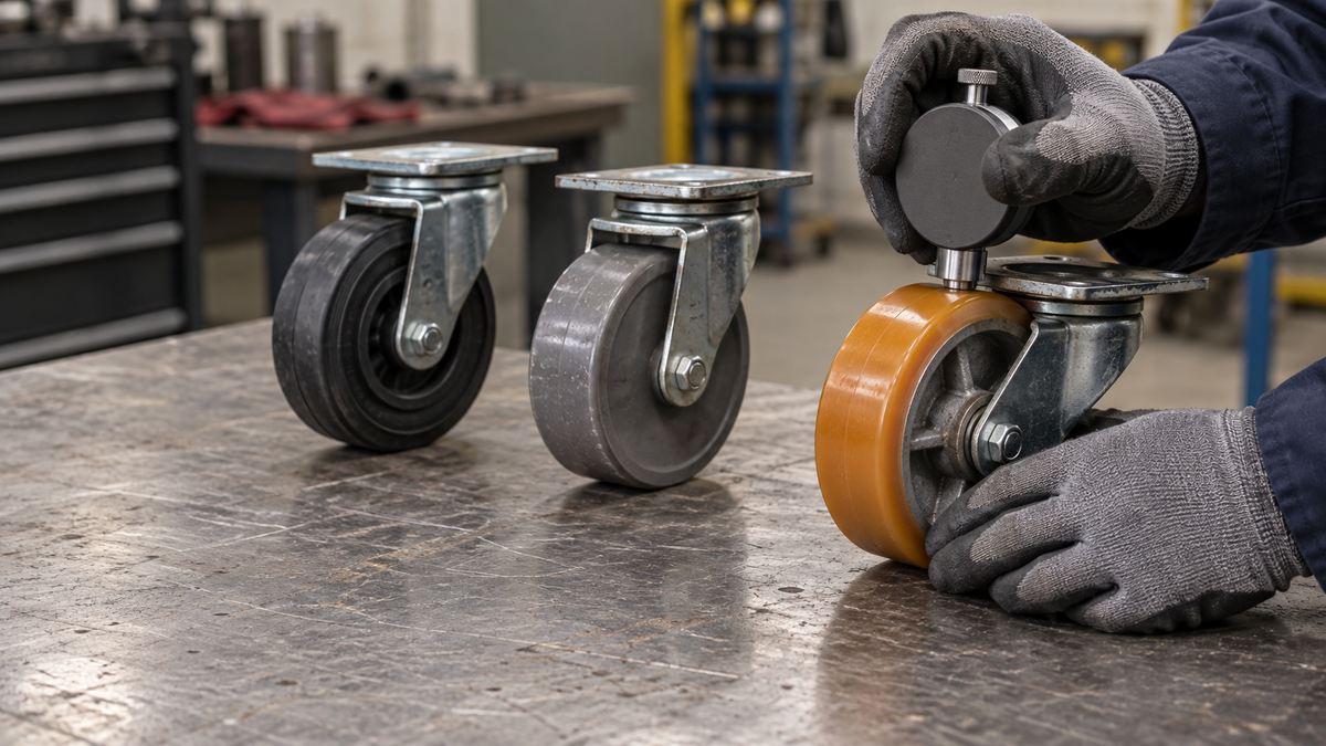 A durometer gauge pressed against a polyurethane caster wheel on a bench, with softer and harder wheels beside it