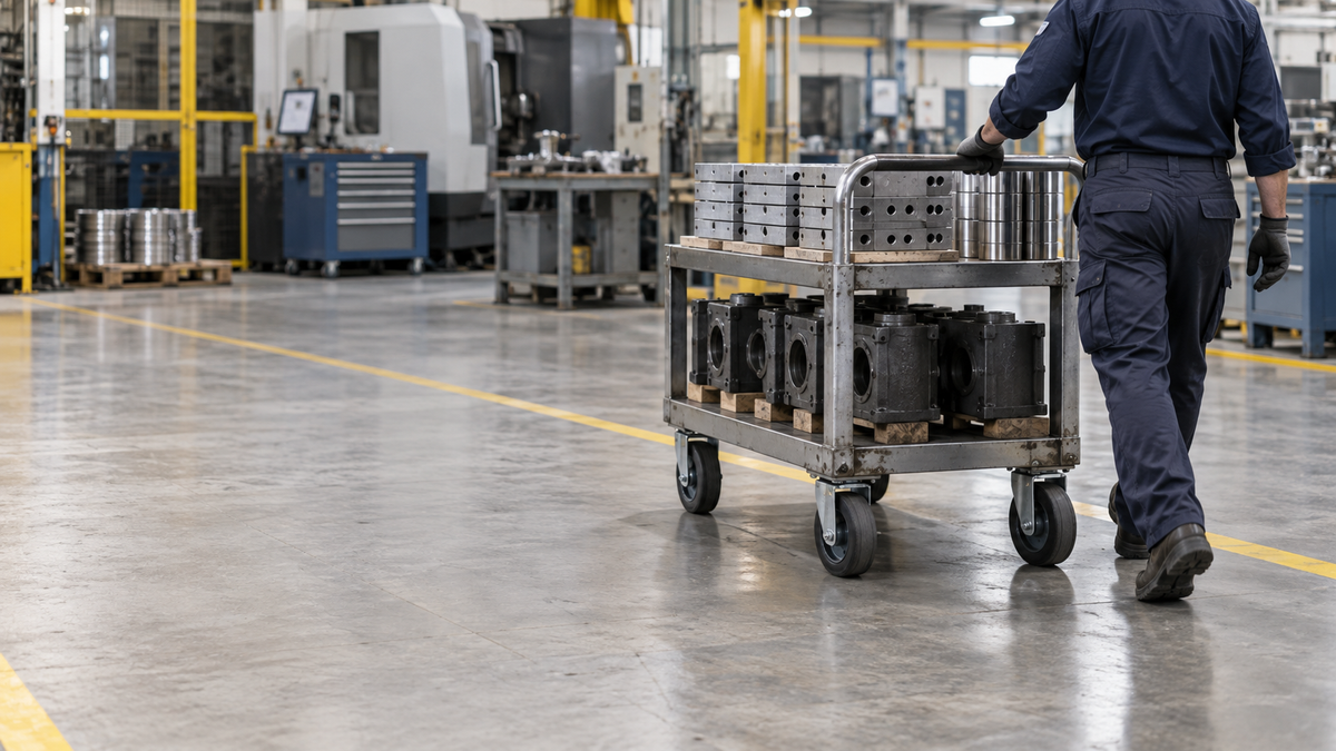 A worker starting a heavy cart moving with one relaxed hand on the push bar