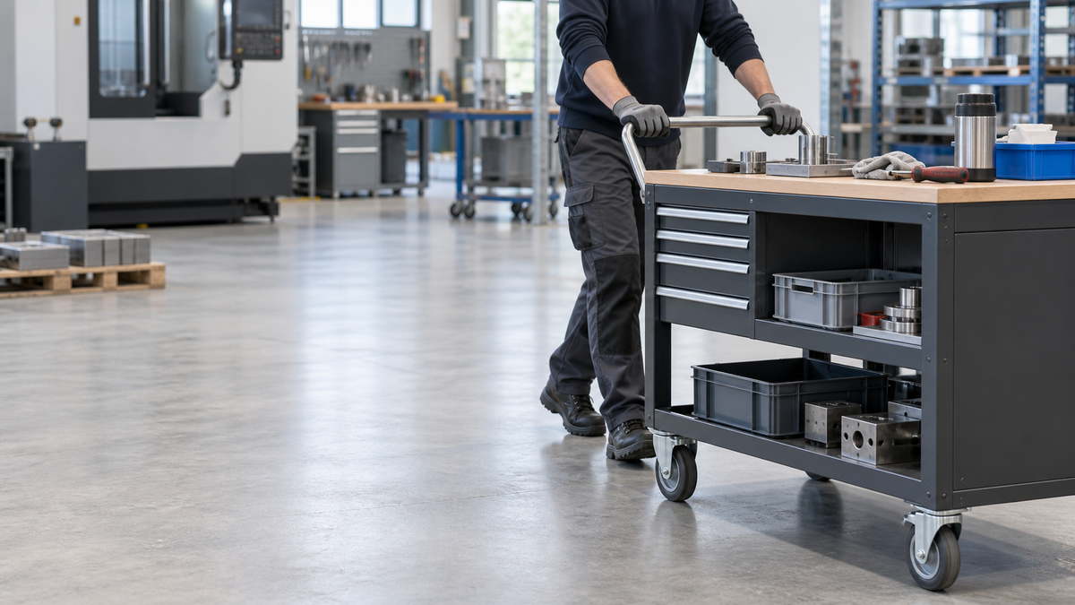 A worker pushing a mobile workstation with relaxed upright posture in a bright facility