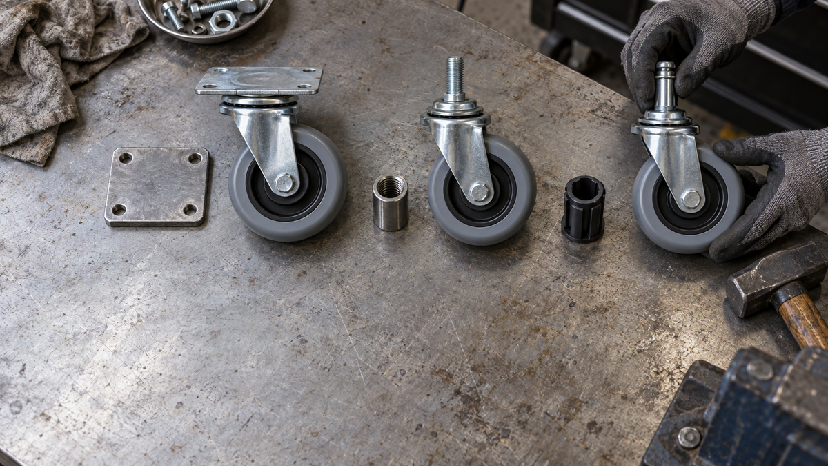 Top plate, threaded stem and socket mounts laid out on a bench with the tube legs they fit
