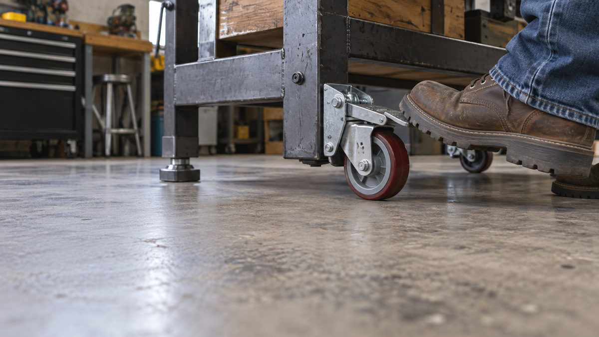 A flip-down caster lever being kicked down to lift a workbench onto its wheels