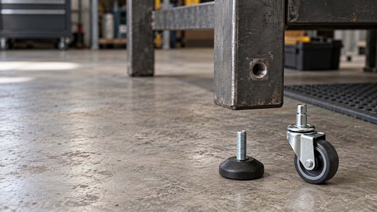 A furniture glide and a small caster side by side under the corner of a steel table leg