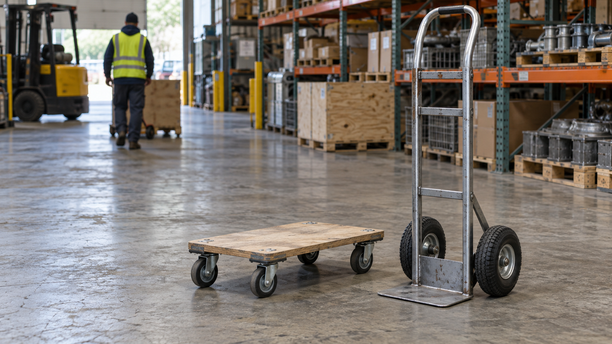 A two-wheel hand truck and a four-wheel furniture dolly standing side by side in a warehouse aisle