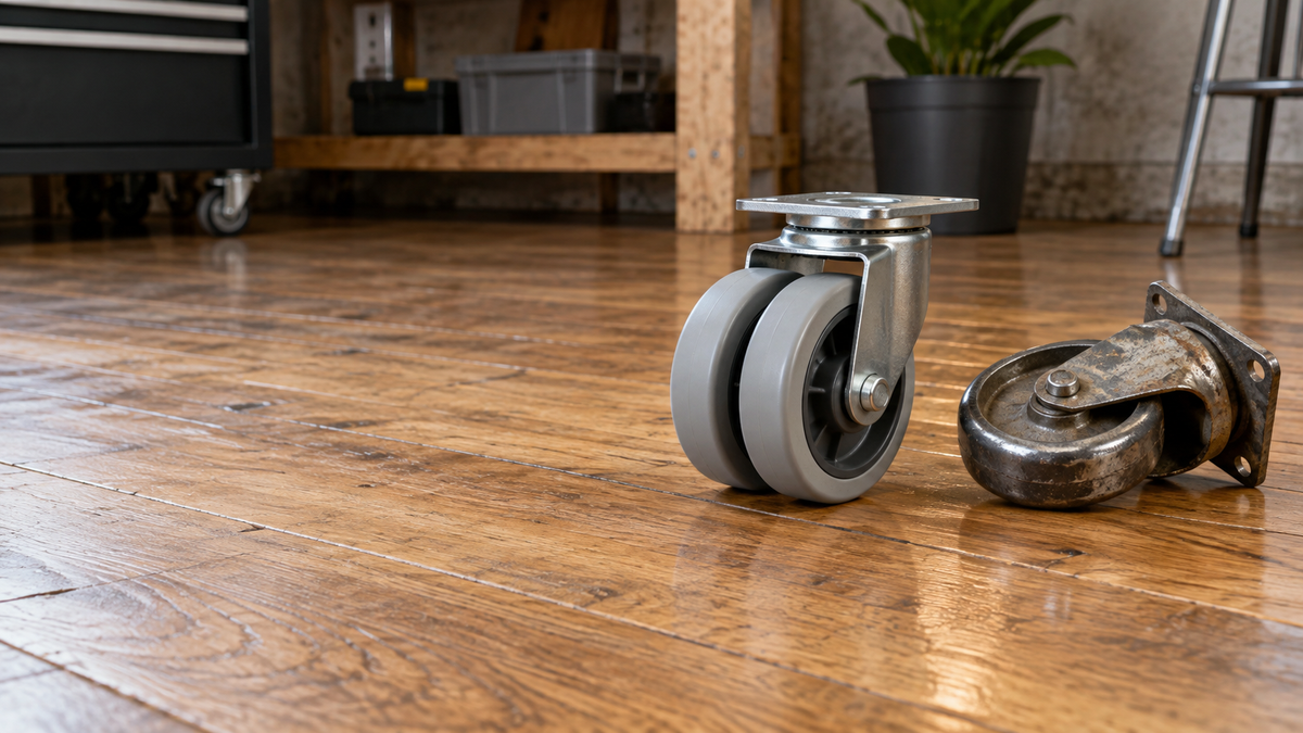 A soft twin-wheel caster resting on oiled oak floorboards beside a bare metal caster laid on its side