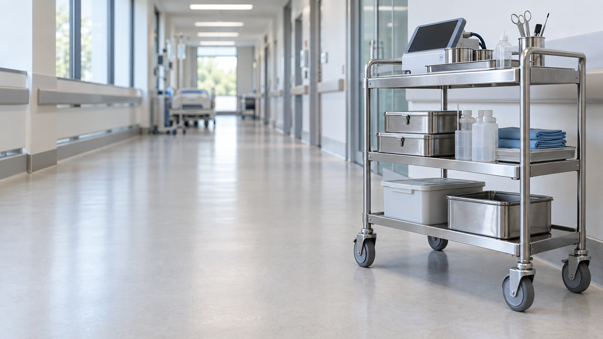 A laboratory instrument cart on soft casters in a clean hospital corridor