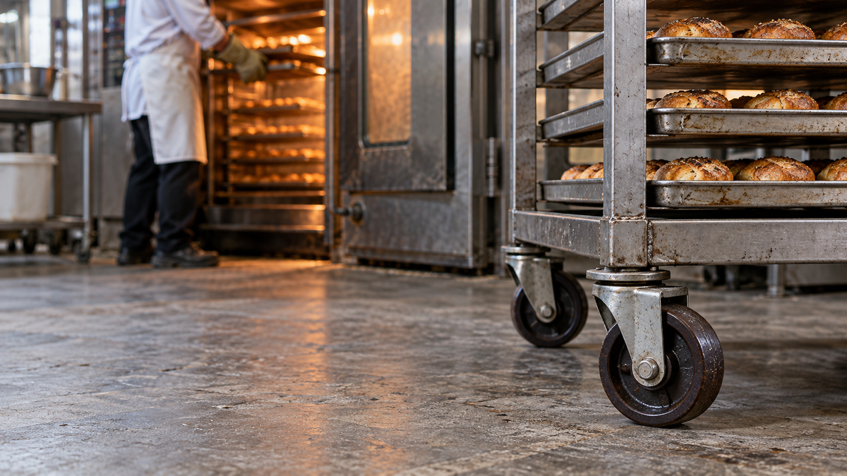 A high-temperature caster with a phenolic wheel beside the open door of an industrial oven