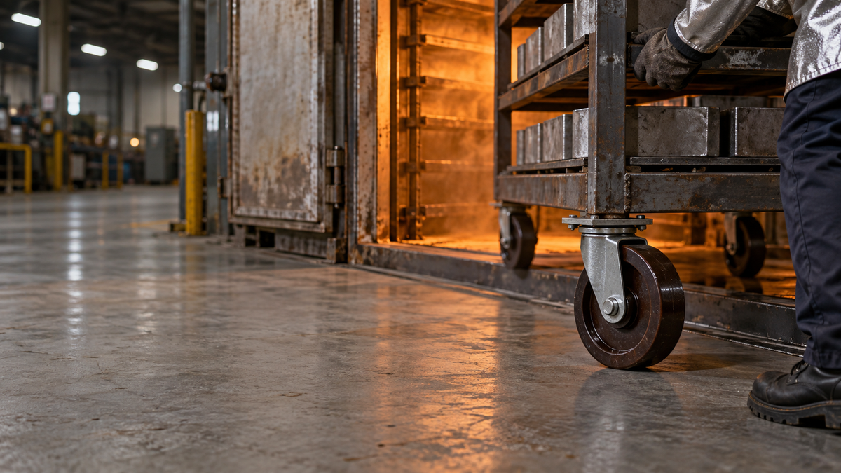 A high-temperature caster under a steel rack at the mouth of an industrial oven