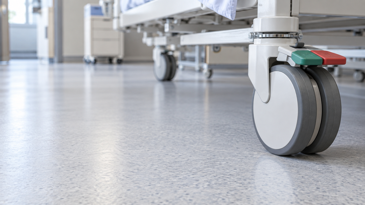 A hospital bed's twin-wheel caster with a foot-operated central lock on a clean ward floor