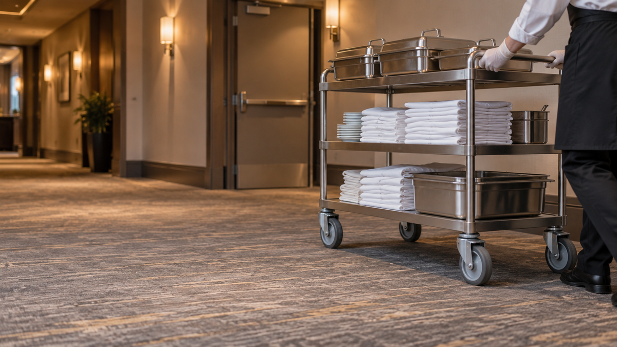 A housekeeping and banquet trolley on soft casters in a hotel service corridor