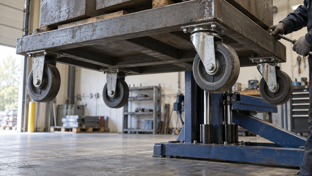 The underside of a loaded steel cart on a lift, showing a four-caster layout with two rigid and two swivel