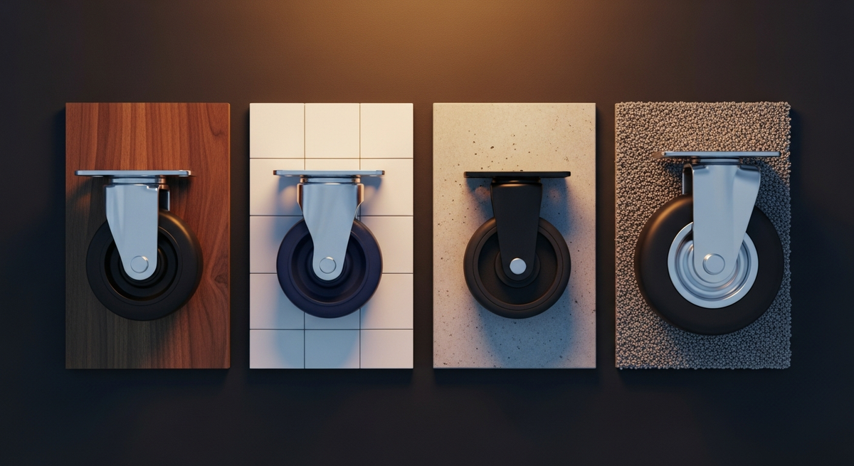 Four rigid casters shown side by side, each mounted on a different floor sample: dark hardwood, pale tile, grey concrete and brown carpet