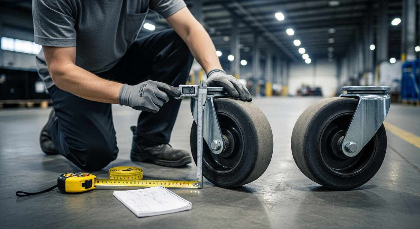 Worker measuring the diameter and height of an industrial caster wheel using a caliper in a warehouse.