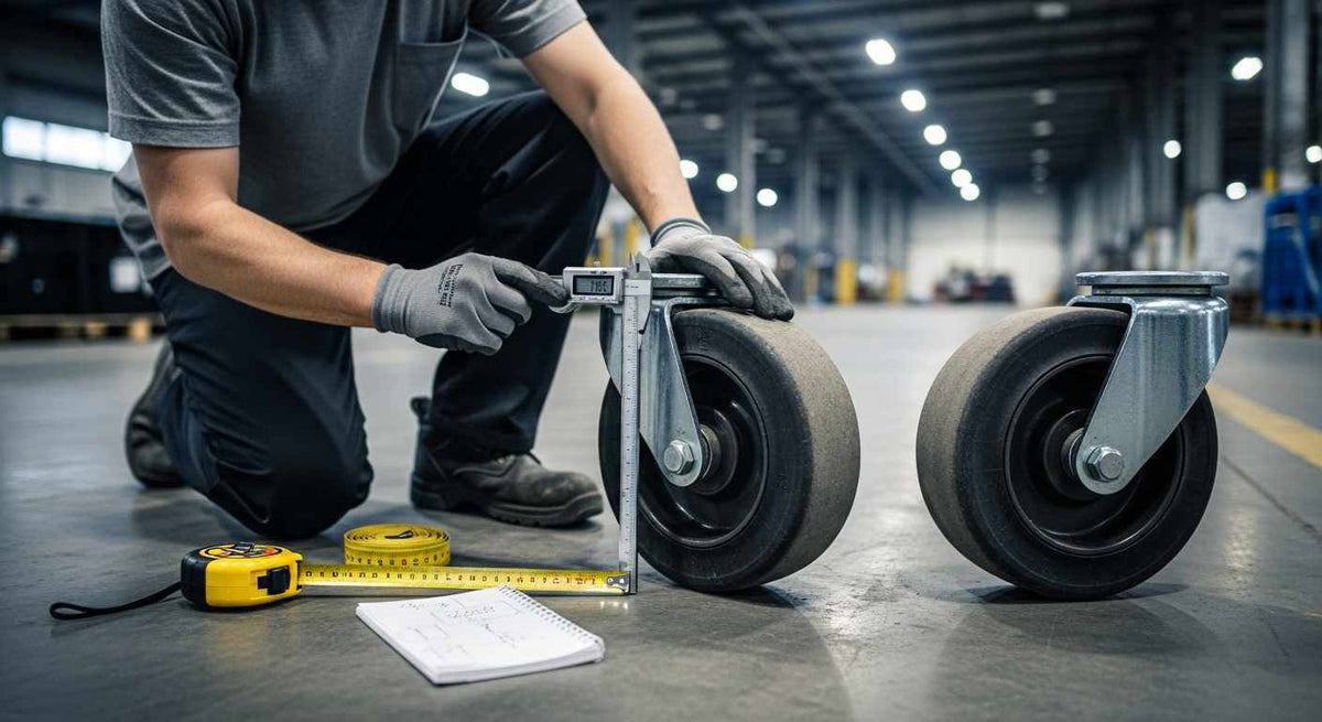 Worker measuring the diameter and height of an industrial caster wheel using a caliper in a warehouse.