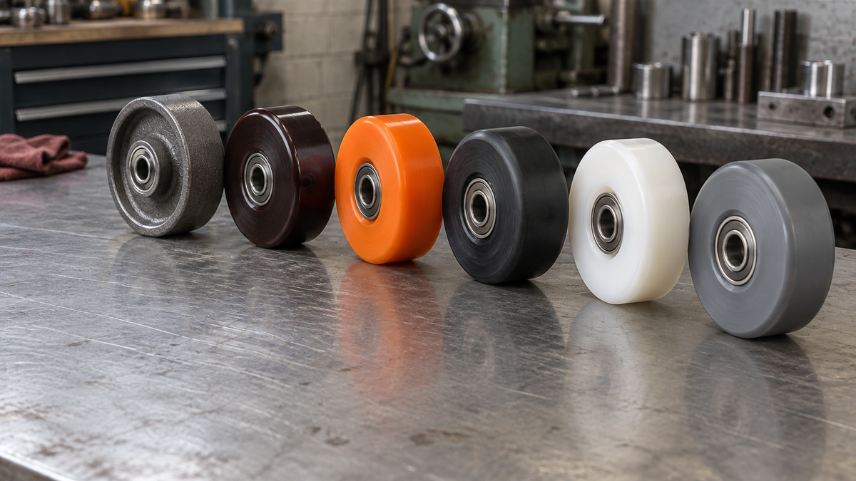 A row of caster wheels in different materials standing on a bench, no forks