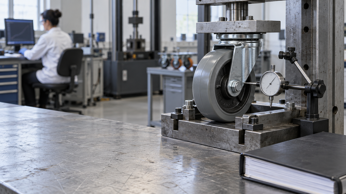 A caster on a test rig in a QC lab beside a dial indicator and a printed spec binder