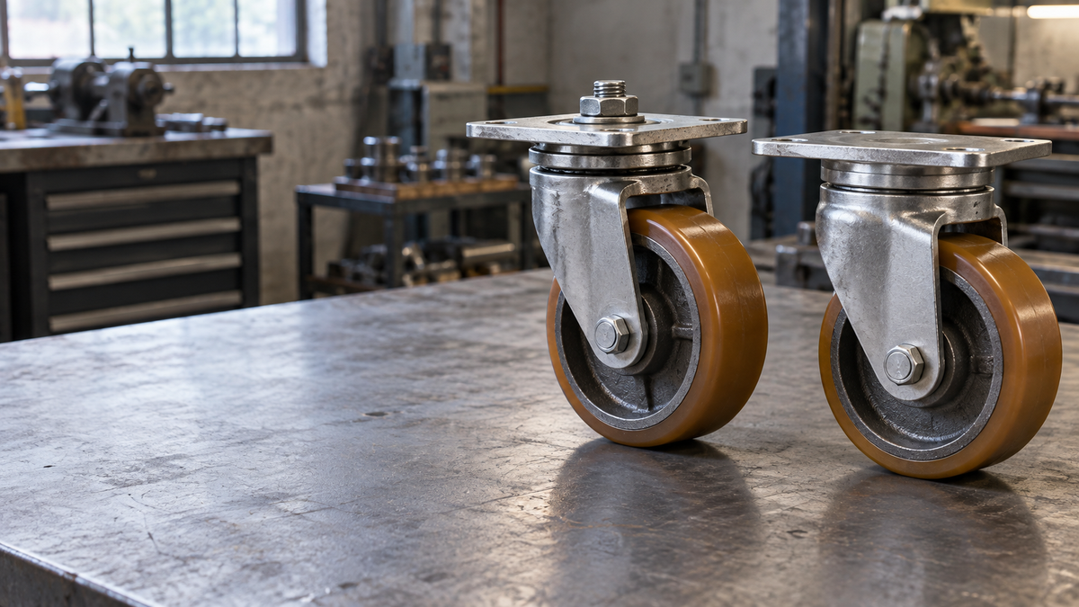 A kingpin caster and a kingpinless caster standing together, the swivel construction visibly different